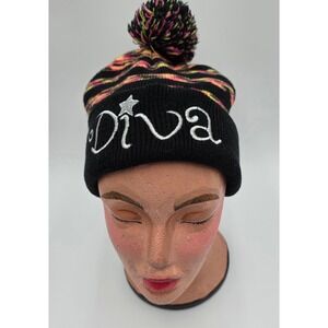 Toby & Me Diva Beanie Hat Black Pink Yellow Space Dye Pom Pom Star Embroidery